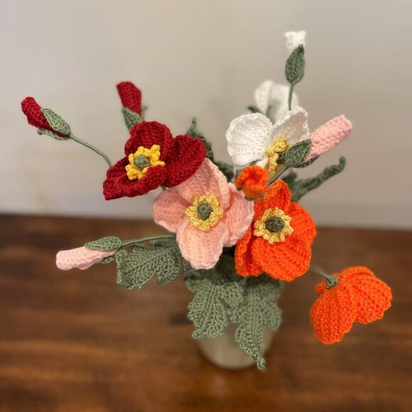 Hand-Crocheted Poppy Flower Bouquet - Symbol of Remembrance and Beauty 15" - Picture 2 of 6